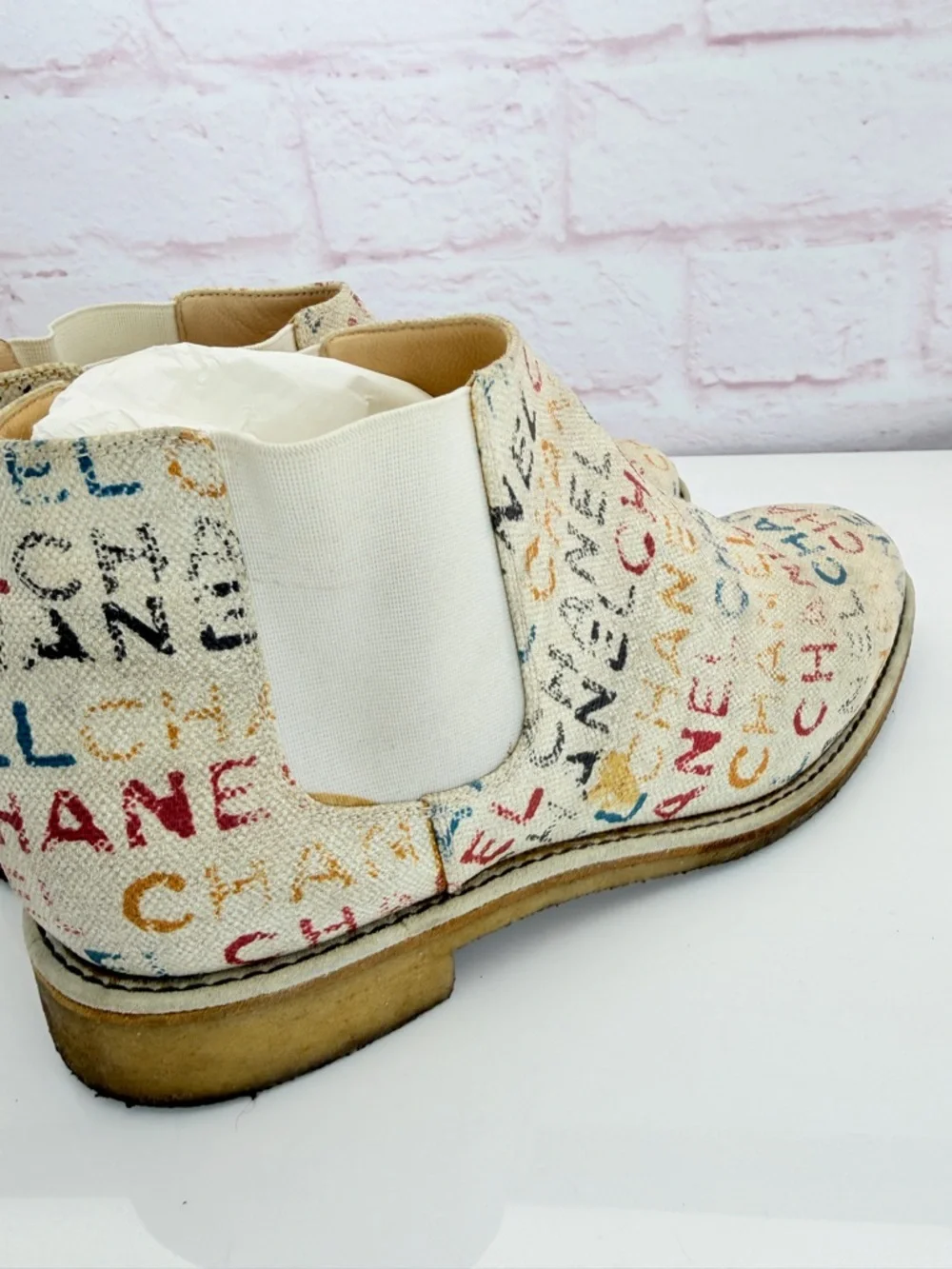 Chanel Graphic Multicolor Logo Canvas Chelsea Boots 41